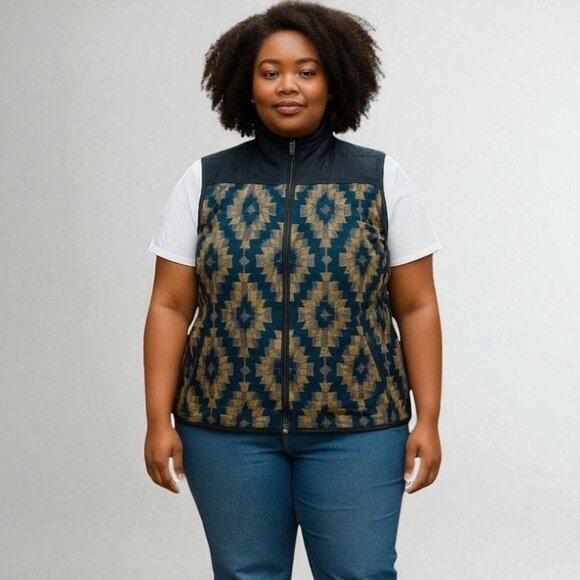 Great Northwest Indigo Womens Aztec Southwestern Pattern Full-Zip Vest Navy XL - Picture 2 of 9